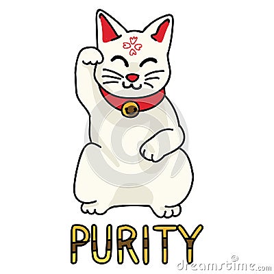 Cute white purity maneki neko vector. Hand drawn lucky cat Japanese culture clipart Stock Photo