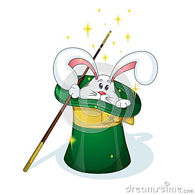 A cute white rabbit looks out from the green hat of the magician. Magic wand. A circus character in the style of a card. Vector Illustration