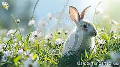 A cute white rabbit sits on green grass, among flowers in a meadow. Rural spring landscape on a farm. Happy Easter Stock Photo