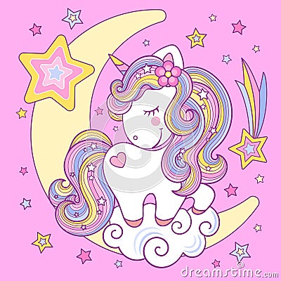 Cute white rainbow unicorn on the moon. Children`s vector illustration Vector Illustration