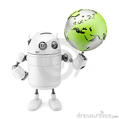 Cute white robot holding globe Stock Photo