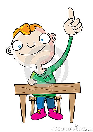 Cute white school boy raise hand in class Vector Illustration