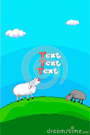 Cute white sheep, black sheep looking at the sky together on green grass. Cartoon sheep overlooking the text on grassland. Vector Vector Illustration