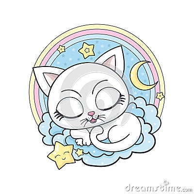 Cute, white, sleeping kitten on a cloud with a rainbow. Vector Vector Illustration