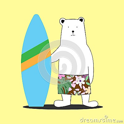 Cute white summer bear cartoon with surf board on yellow. Vector Illustration