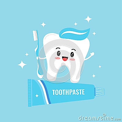 Cute white tooth emoji holding toothbrush stand on toothpaste. Vector Illustration