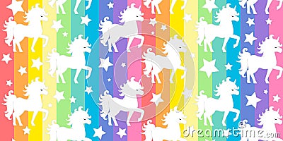 Cute white unicorns silhouette on rainbow colorful stripes seamless vector pattern background illustration Vector Illustration