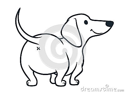 Cute wiener sausage dog cartoon illustration isolated on white. Simple black and white line drawing of friendly dachshund Cartoon Illustration