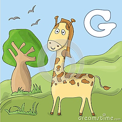 Funny giraffe at the zoo. Cute animal alphabet for ABC book. Vector illustration of cartoon animals. Giraffe for F Vector Illustration