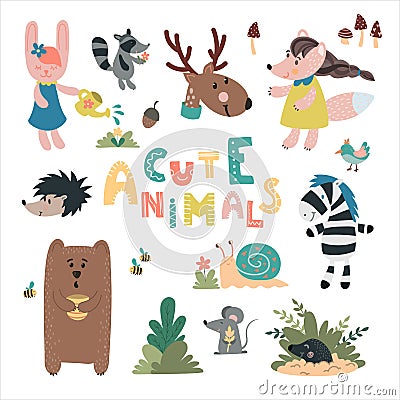 Cute wild animals hand drawn set. Bear, rabbit, mole, owl, deer, snail, mouse. Design for children`s decoration, nursery Vector Illustration