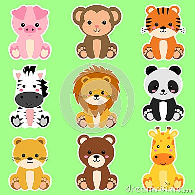 Cute wild animals set including lion, tiger, pig, bear, lioness, panda, monkey, zebra, and giraffe. Safari jungle animals vector. Vector Illustration