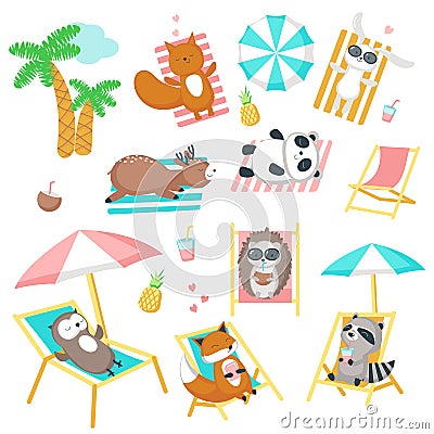 Cute animals taking rest on beach vector icon set Vector Illustration