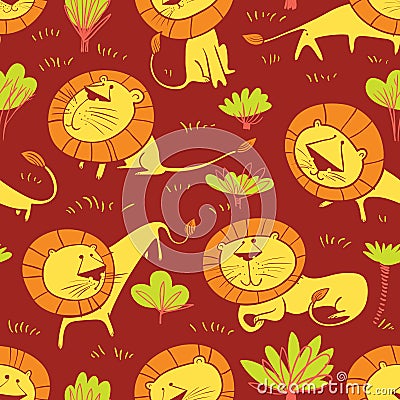 Cute wild lions background. Seamless pattern with doodle leo characters. Sketchy style vector illustration Vector Illustration