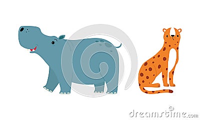 Cute wild safari African animals set. Hippo and leopard jungle animal cartoon vector illustration Vector Illustration