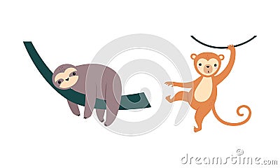 Cute wild safari African animals set. Sloth and monkey jungle animal cartoon vector illustration Vector Illustration