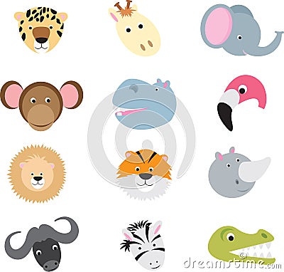 Cute wild safari animal cartoon set Vector Illustration