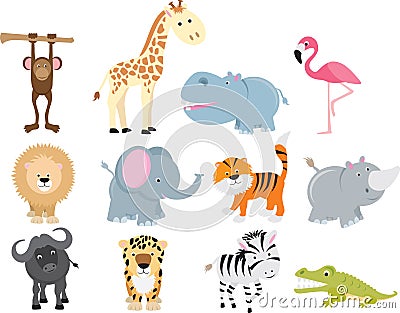 Cute wild safari animal cartoon set Vector Illustration