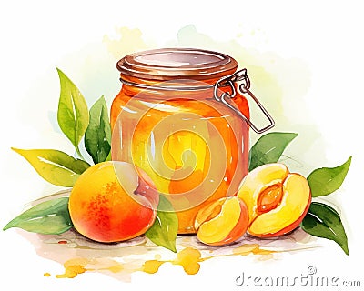 cute winged and jar of sweet sunny peach jam fantasy watercolor style image. Stock Photo