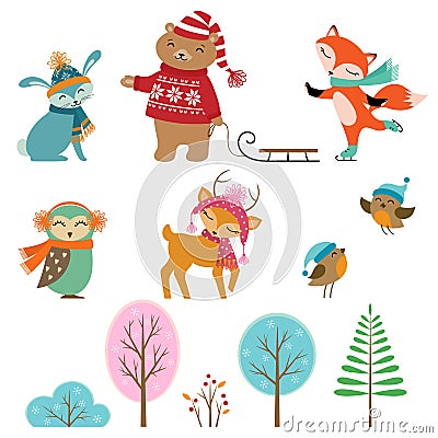 Cute winter animals Vector Illustration