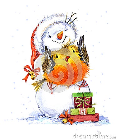 Cute winter bird. Christmas card. New year watercolor llustration. Cartoon Illustration