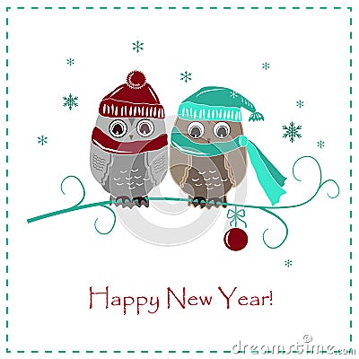 Cute winter card. Two baby owls in hats and scarves Cartoon Illustration