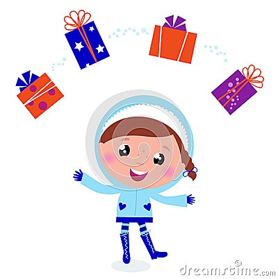 Cute winter child jugglery with christmas gifts. Vector Illustration