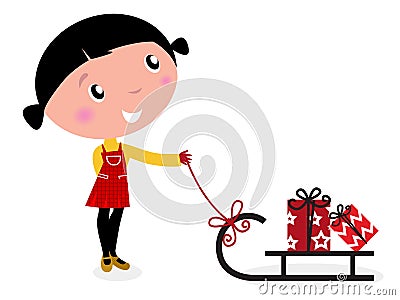 Cute winter child, sledge and christmas presents Vector Illustration