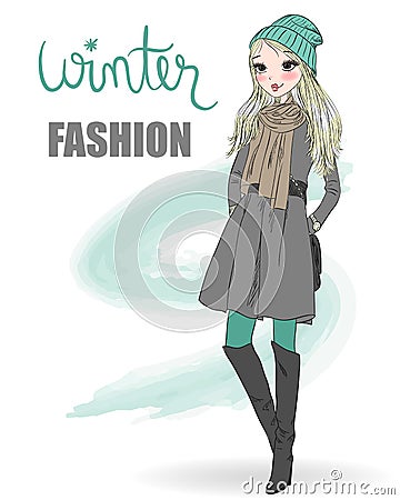 Cute winter, fashion, cartoon girl. Vector Illustration