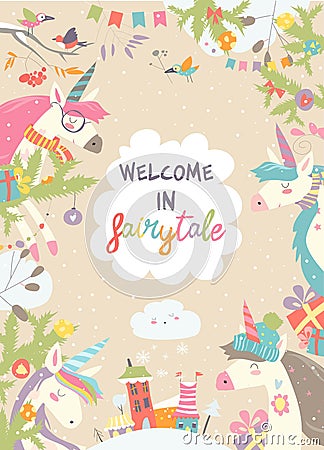 Cute winter frame with magic unicorns and christmas decor Vector Illustration