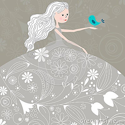 Cute winter girl with bird Vector Illustration