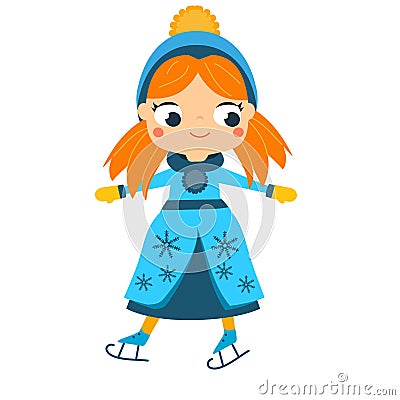 Cute winter girl skating. Kids winter outdoor activity. Vector illustration Vector Illustration