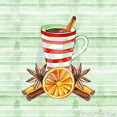 Cute winter greeting card with a mug of hot chocolate.Merry Christmas and Happy New Year collection.Handpainted Stock Photo