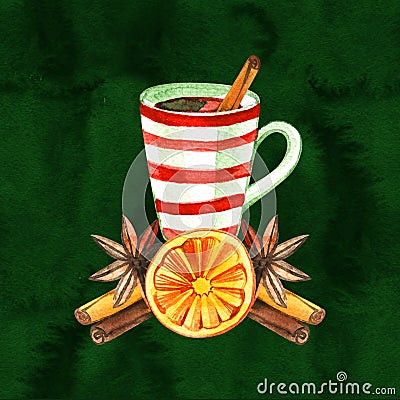 Cute winter greeting card with a mug of hot chocolate.Merry Christmas and Happy New Year collection.Handpainted Stock Photo