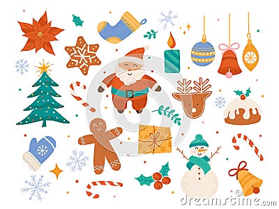 Cute winter holiday ornaments, Christmas scrapbook decorative vector collection, Xmas tree elements, Santa Claus Vector Illustration