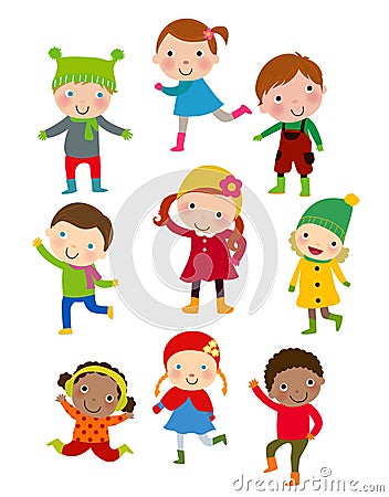 Cute winter kids group. Vector Illustration