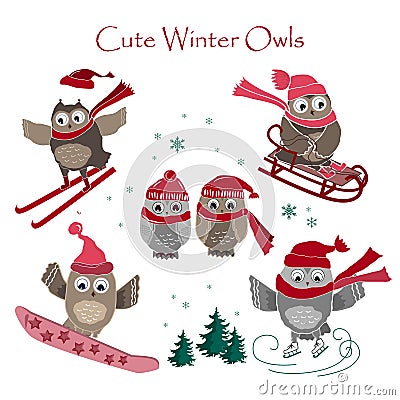 Cute winter owls collection. Vector illustration Vector Illustration