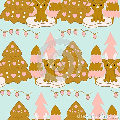Cute winter raindeer and christmas trees in a sseamless pattern design Vector Illustration