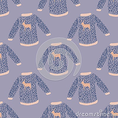 Cute winter seamless pattern with christmas sweater with deer. Blue palette artwork Vector Illustration