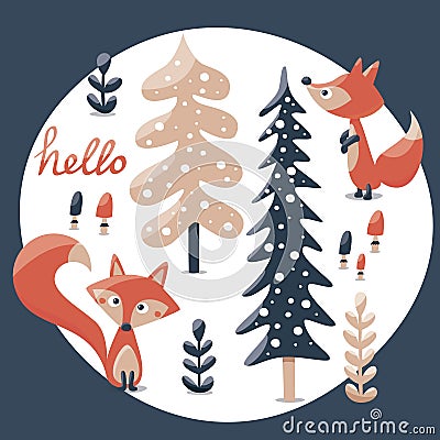 Cute winter set made with fox, rabbit, mushroom, bushes, plants, snow, trees Vector Illustration