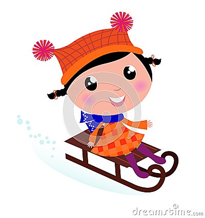 Cute winter sledding Child. Vector Illustration