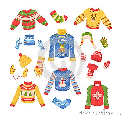 Cute winter warm knitted clothes set vector Vector Illustration