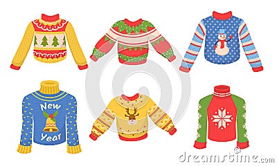 Cute winter warm knitted sweaters set. Christmas sweaters with festive winter year ornaments deer, snowman, snowflakes, bell, Vector Illustration