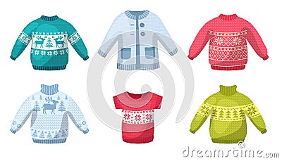 Cute winter warm knitted sweaters set. Christmas sweaters with festive winter year ornaments deer, snowman, spruce cartoon vector Cartoon Illustration