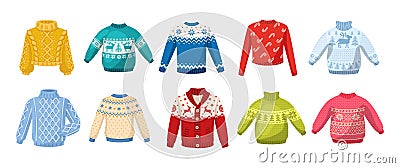 Cute winter warm knitted sweaters set. Christmas sweaters with festive winter year ornaments deer, snowman, spruce cartoon vector Vector Illustration