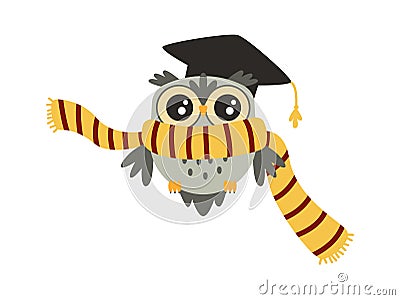 Cute wise owl in scarf and academical cap flat icon Vector Illustration