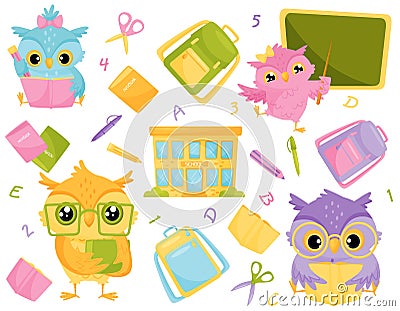 Cute wise owls and school supplies, school education and knowledge concept vector Illustration Vector Illustration