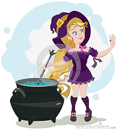 Cute witch cooks potion and admires ring Vector Illustration