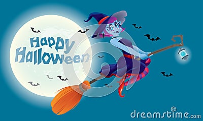 A cute witch flying with her magic broom. With full moon night scene. Stock Photo