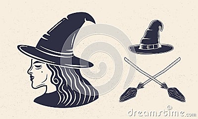 Cute Witch icon. Witch's hat and crossed brooms isolated on white background. Vector Illustration