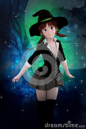 Cute witch illustration on moonlit star background Cartoon Illustration